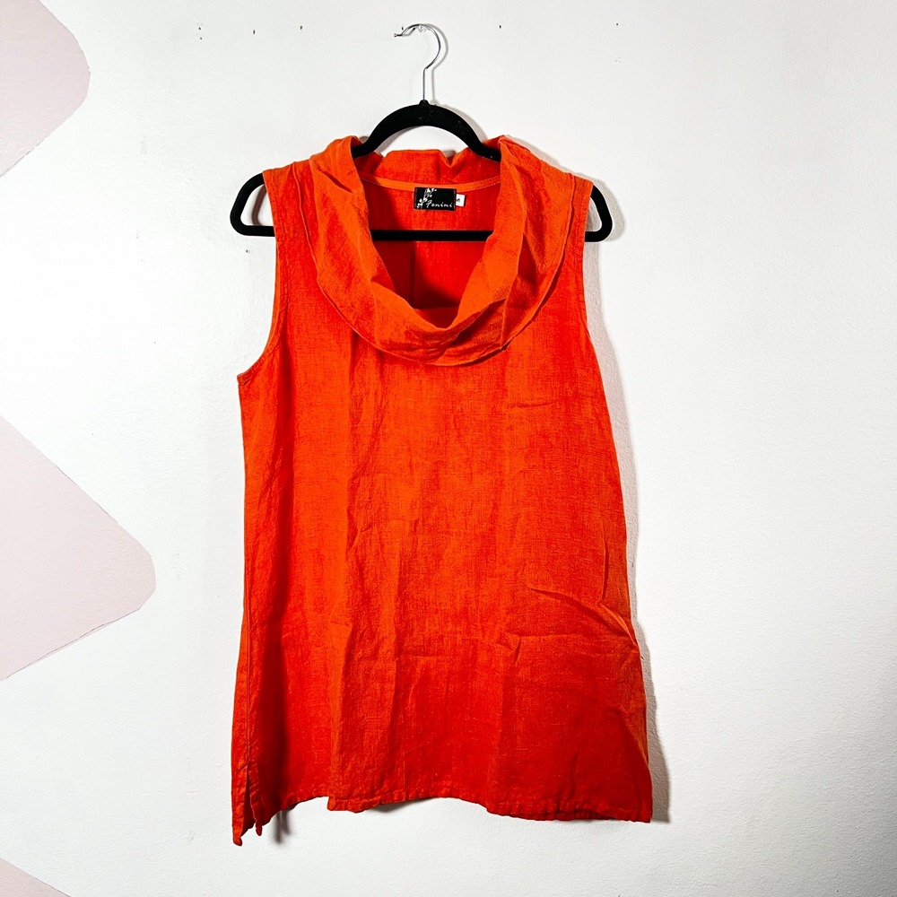 Fenini 100% Linen Tunic Top‎ Womens Small Orange Cowl Neck Sleeveless USA